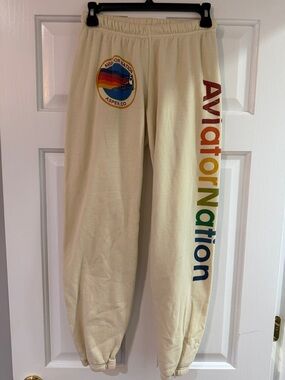 Aviator Nation Cream Sweatpants with Rainbow Logo & Side Lettering